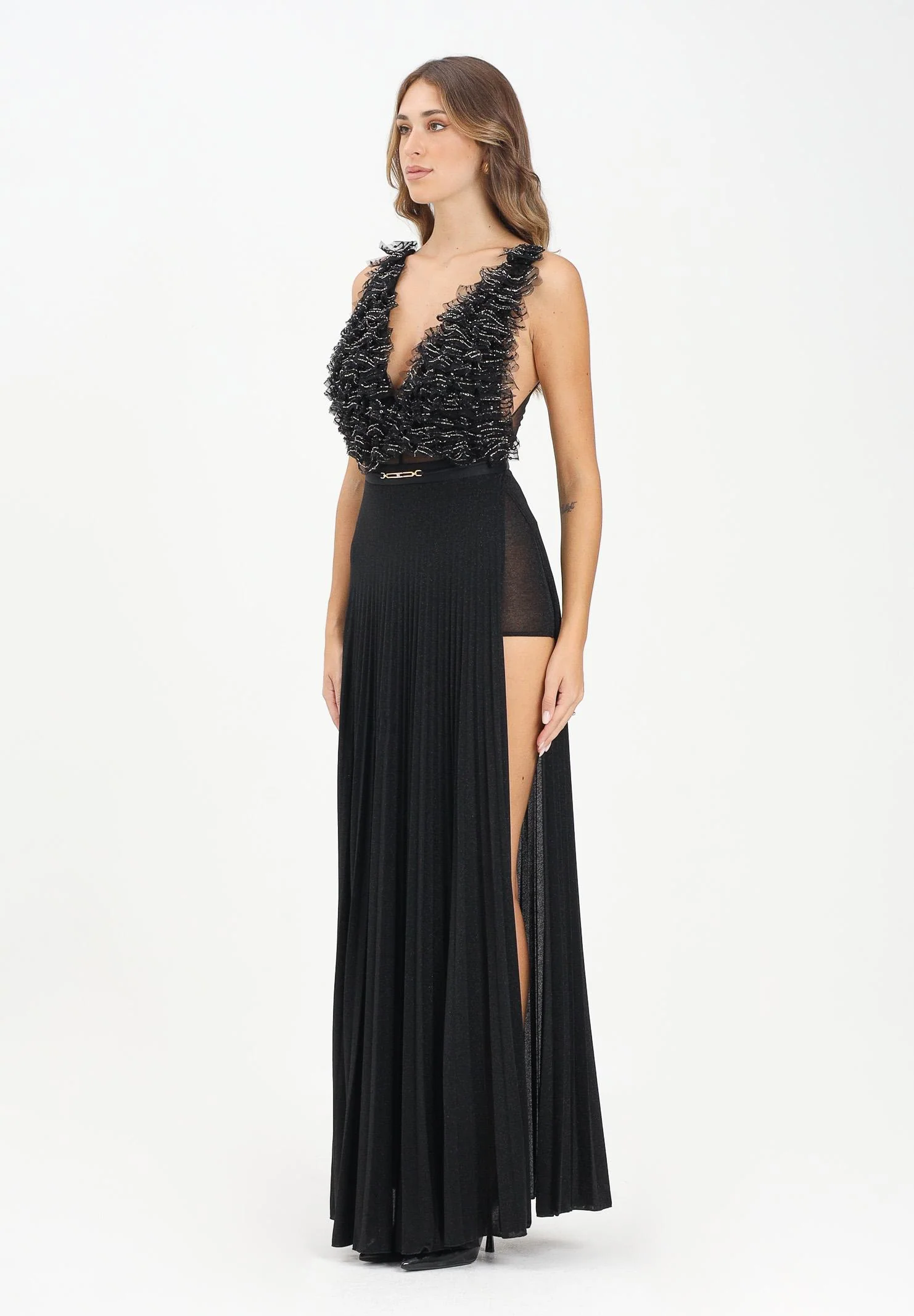 Image of ELISABETTA FRANCHI Abito lungo nero da donna in tulle e jersey con cristalli