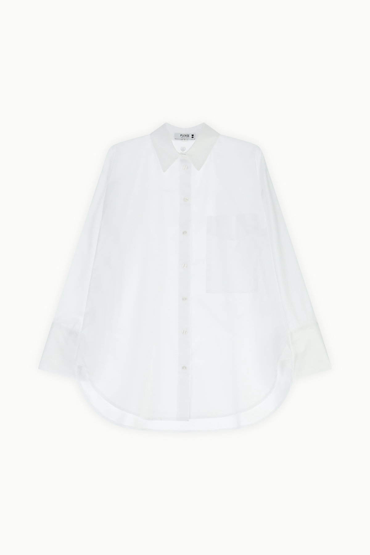 White oversized button-down shirt with chest pocket and pointed collar, flat lay on white background