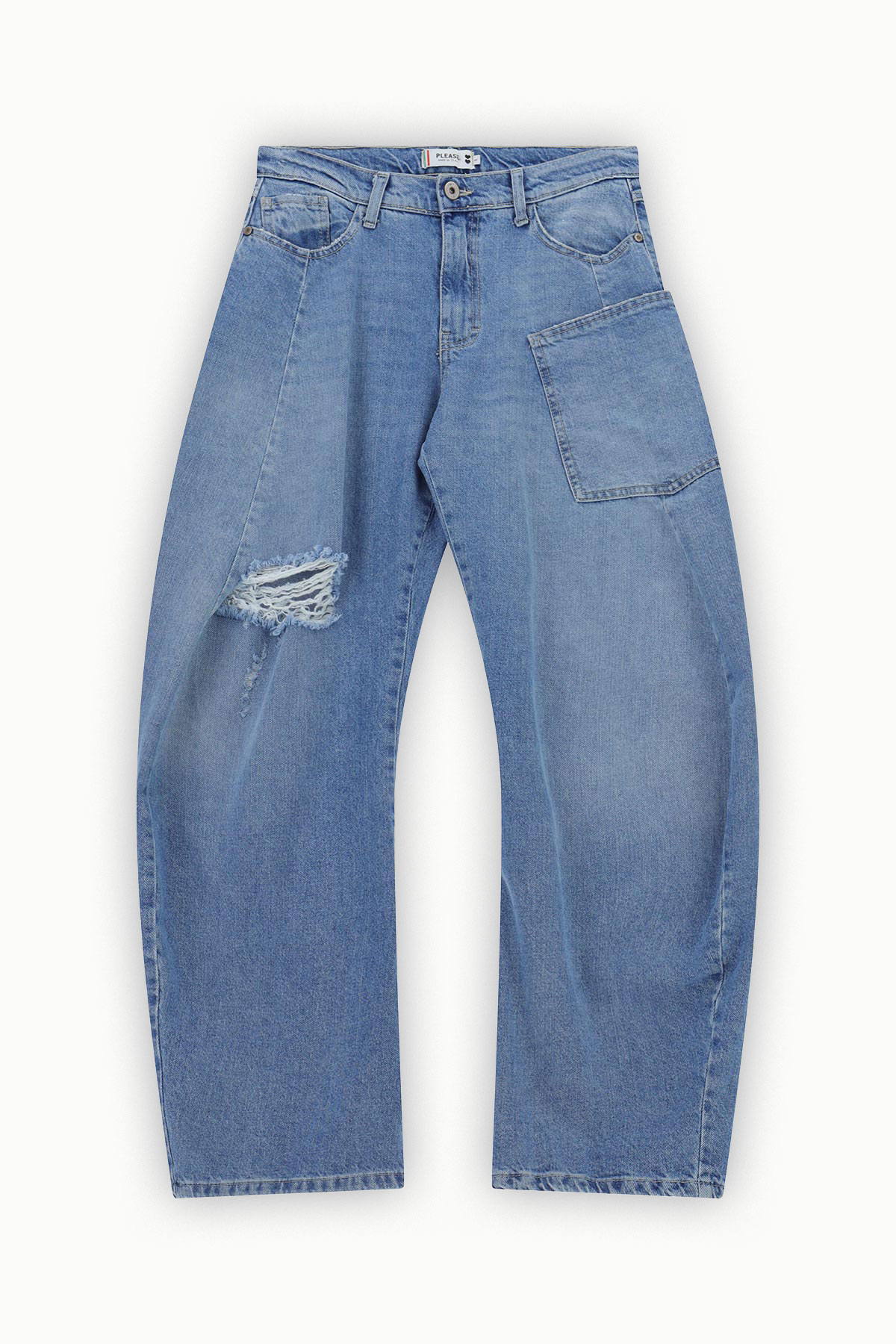 Relaxed-fit blue denim jeans, high waist, distressed rip on left thigh and oversized patch pocket on right, flat-lay on white background