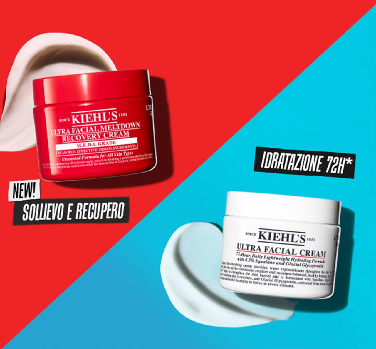 Volto femminile con guancia arrossata; accanto, visual termico che evidenzia una zona di calore sul viso. In primo piano il vasetto di Ultra Facial Meltdown Recovery Cream su sfondo rosso.