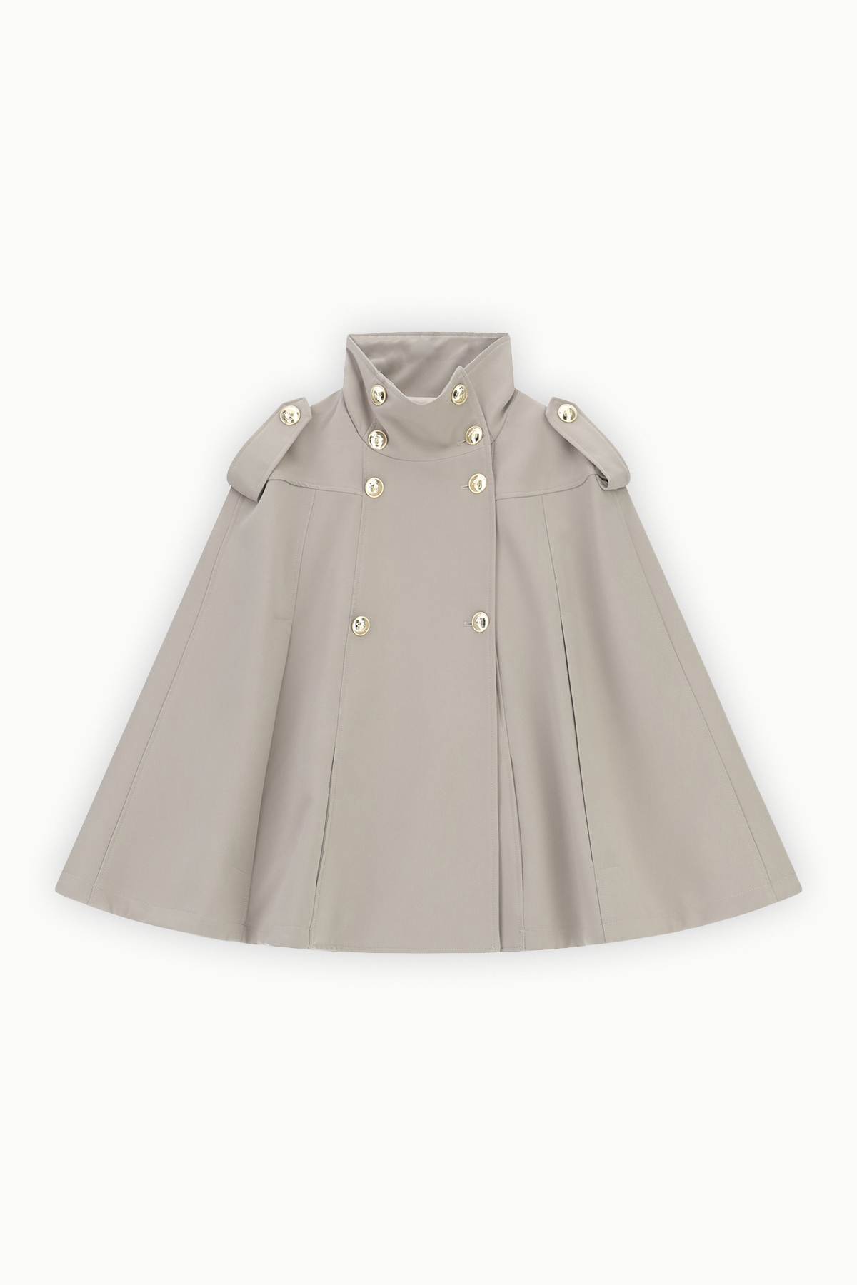 Beige double-breasted wool-look cape coat with high funnel collar, epaulettes and gold buttons