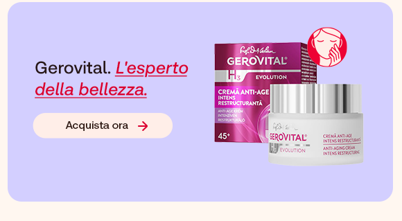 Confezione e vasetto di crema viso Gerovital H3 Evolution Anti-Age su sfondo lilla. Testo: &ldquo;Gerovital. L&rsquo;esperto della bellezza&rdquo;, con &ldquo;L&rsquo;esperto della bellezza&rdquo; evidenziato in rosso corsivo e sottolineato. Pulsante: &ldquo;Acquista ora&rdquo;.