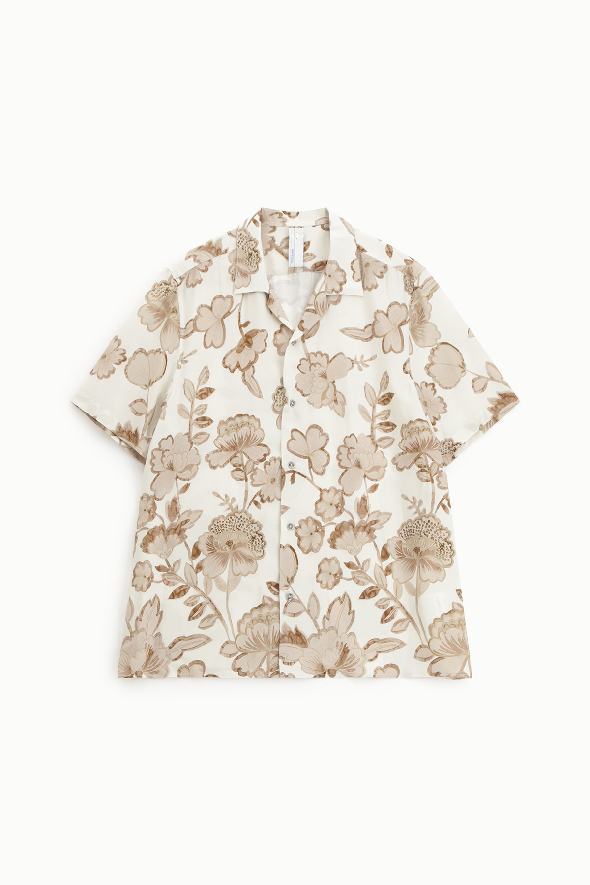 Cream short-sleeve button-up shirt with beige floral print and camp collar, laid flat on a white background
