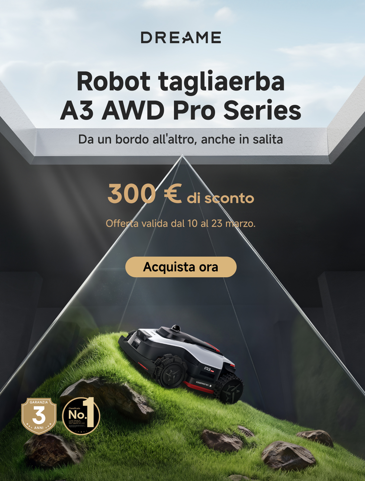 an image of a robot on a grass covered hill with a sky background