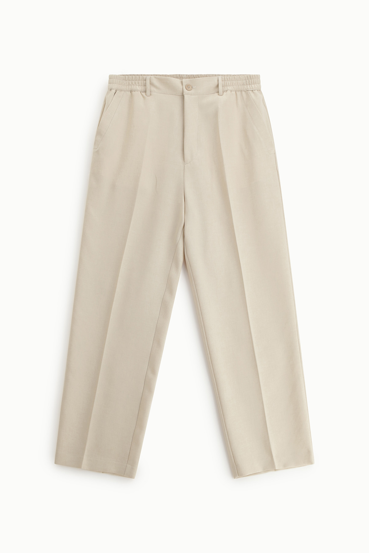 Beige pleated wide-leg trousers with side pockets and elasticated waist panels, flat-lay on white background