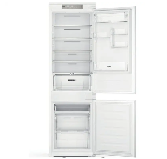 White Whirlpool integrated fridge-freezer with top fridge and bottom freezer, open doors showing glass shelves, door bins and clear drawers