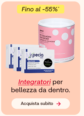 Integratori per la bellezza: collagene in polvere e confezioni Xpecia, su sfondo pesca. In alto un bollino giallo indica: &ldquo;Fino al -55%&rdquo;. Testo: &ldquo;Integratori per bellezza da dentro&rdquo;, con &ldquo;Integratori&rdquo; evidenziato in rosso corsivo e sottolineato. Pulsante: &ldquo;Acquista subito&rdquo;.