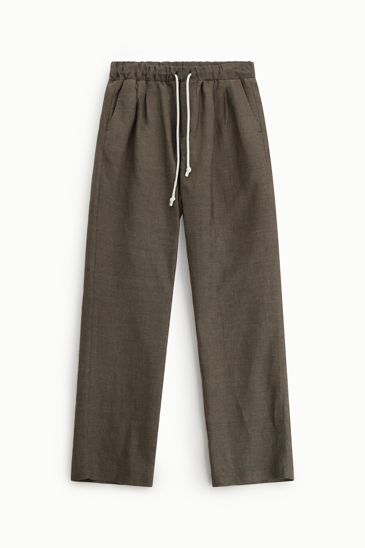 Brown relaxed-fit linen trousers with elasticated waistband and white drawstring, front pleats, flat-lay on white background