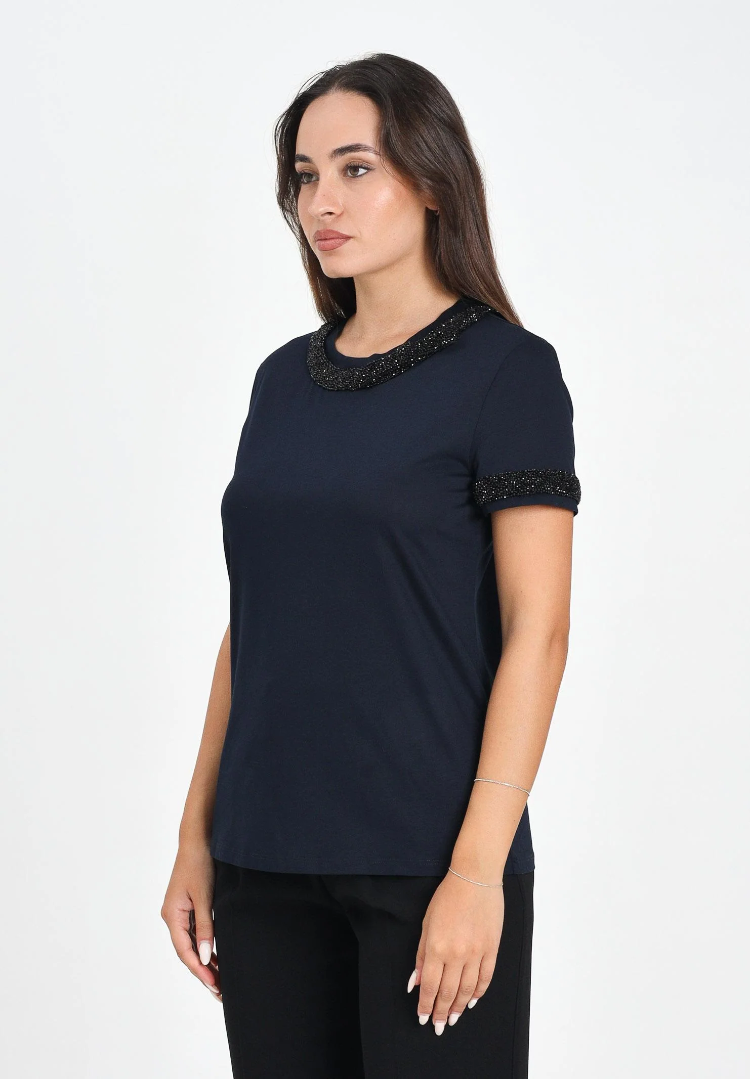 Image of MAX MARA T-shirt a manica corta blu da donna con dettaglio gioiello