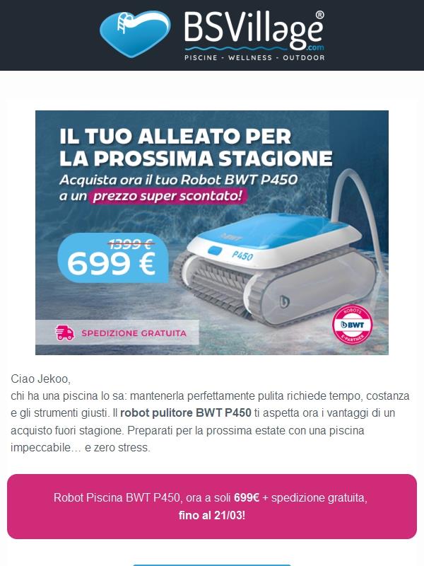 Solo per pochi giorni: Robot Piscina BWT P450 a 699€ con spedizione gratuita!