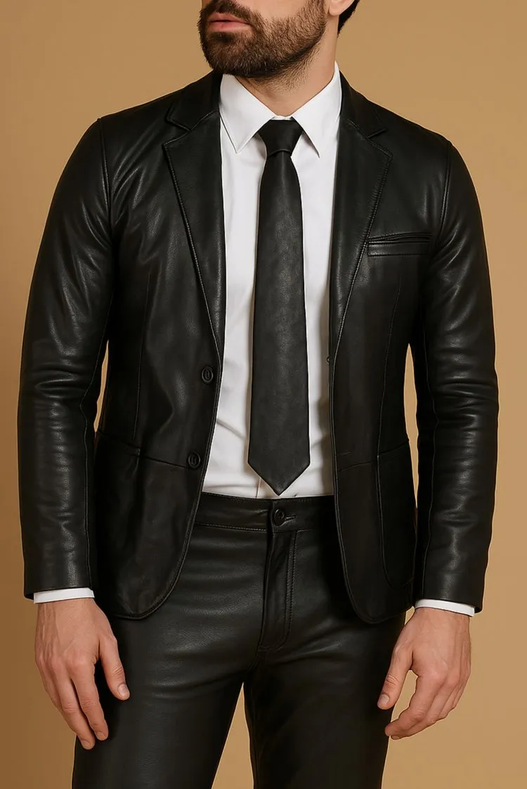 Image of Cravatta Slim Vera Pelle Nera Effetto Liscio