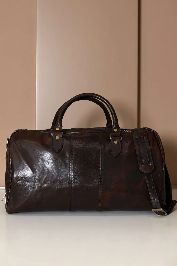 Image of Borsone da viaggio in pelle testa di moro con manico pieghevole