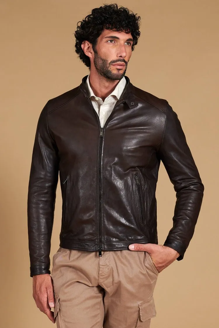 Image of Giacca in pelle testa di moro effetto vintage collo coreana