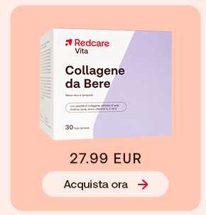 Confezione Redcare Vita Collagene da Bere con 30 flaconcini su sfondo pesca chiaro. In basso pulsante: &ldquo;Acquista ora&rdquo;.