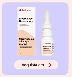 Confezione e flacone Redcare Meerwasser Nasenspray da 20 ml su sfondo lilla chiaro. In basso pulsante: &ldquo;Acquista ora&rdquo;.