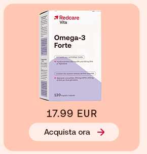 Confezione Redcare Vita Omega-3 Forte da 120 capsule su sfondo pesca chiaro. In basso pulsante: &ldquo;Acquista ora&rdquo;.