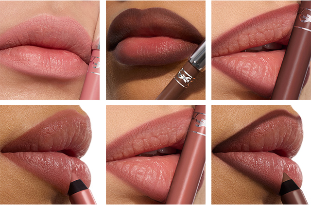 Un collage di sei primi piani di labbra che mostrano diverse tonalit&agrave; di matite Kiss Shaper YSL.