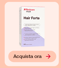 Confezione Redcare Vita Hair Forte da 60 capsule su sfondo pesca chiaro. In basso pulsante: &ldquo;Acquista ora&rdquo;.