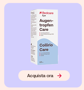 Confezione Redcare Eye Collirio Care da 10 ml su sfondo lilla chiaro. In basso pulsante: &ldquo;Acquista ora&rdquo;.