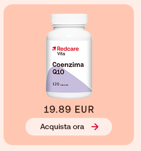Flacone Redcare Vita Coenzima Q10 da 120 capsule su sfondo pesca chiaro. In basso pulsante: &ldquo;Acquista ora&rdquo;.