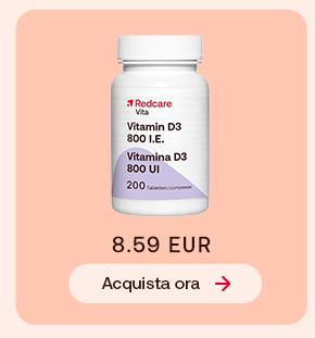 Flacone Redcare Vita Vitamina D3 800 UI da 200 capsule su sfondo pesca chiaro. In basso pulsante: &ldquo;Acquista ora&rdquo;.