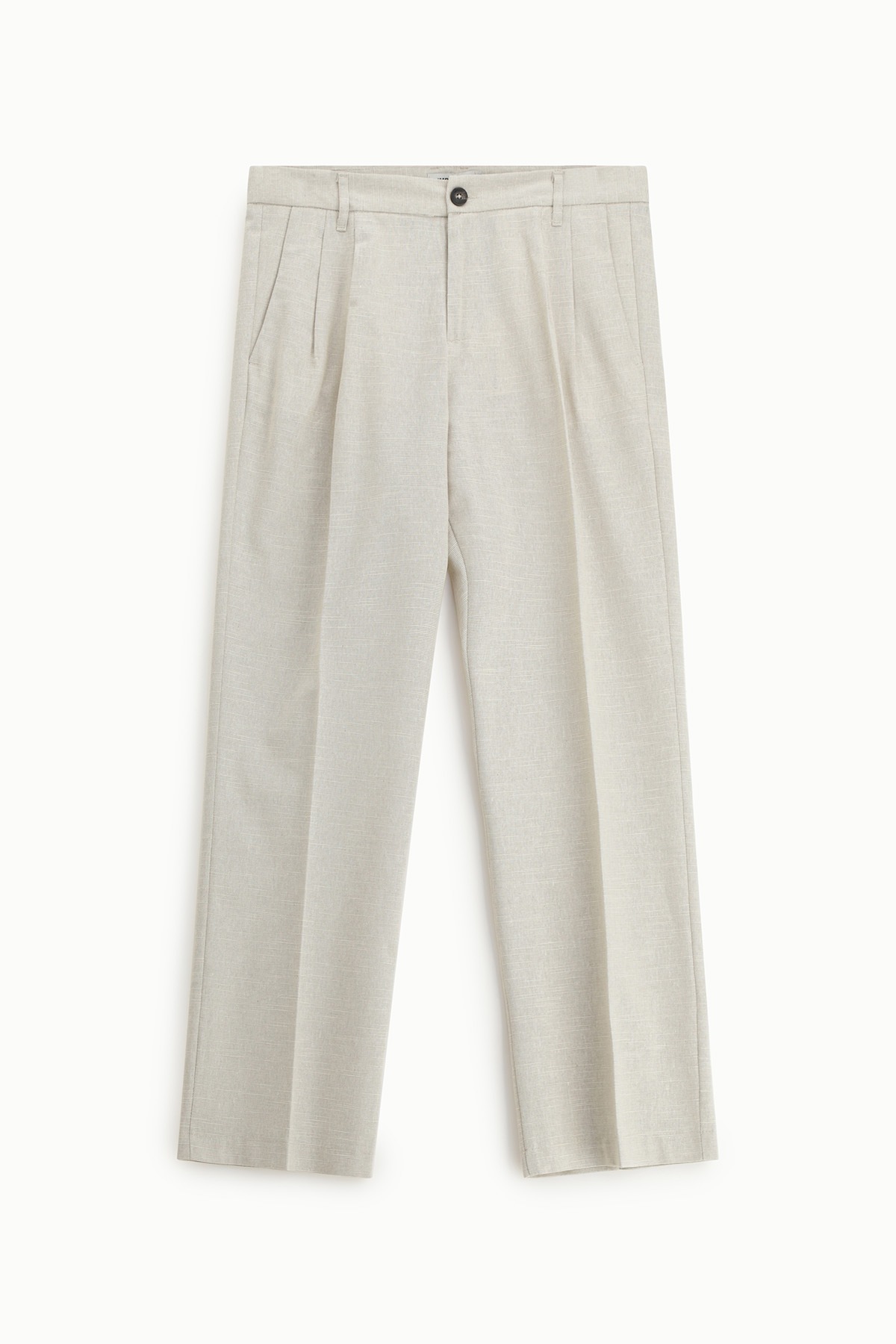 Light beige linen-blend pleated trousers with straight leg, button waist and belt loops