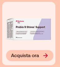 Confezione Redcare Probio 9 Stress Support da 60 capsule su sfondo pesca chiaro. In basso pulsante: &ldquo;Acquista ora&rdquo;.