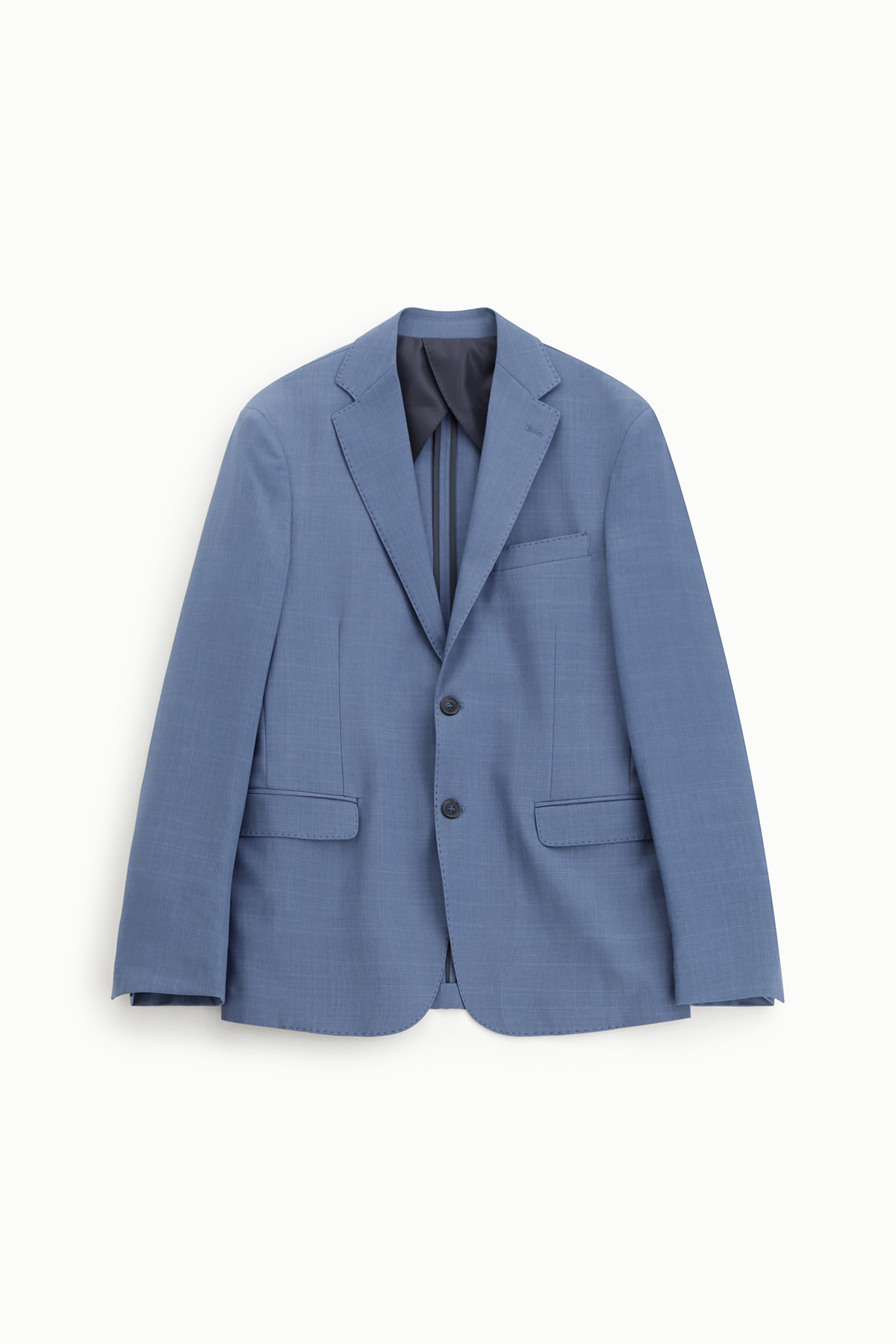 Light blue men's tailored suit jacket with notch lapel and flap pockets on white background