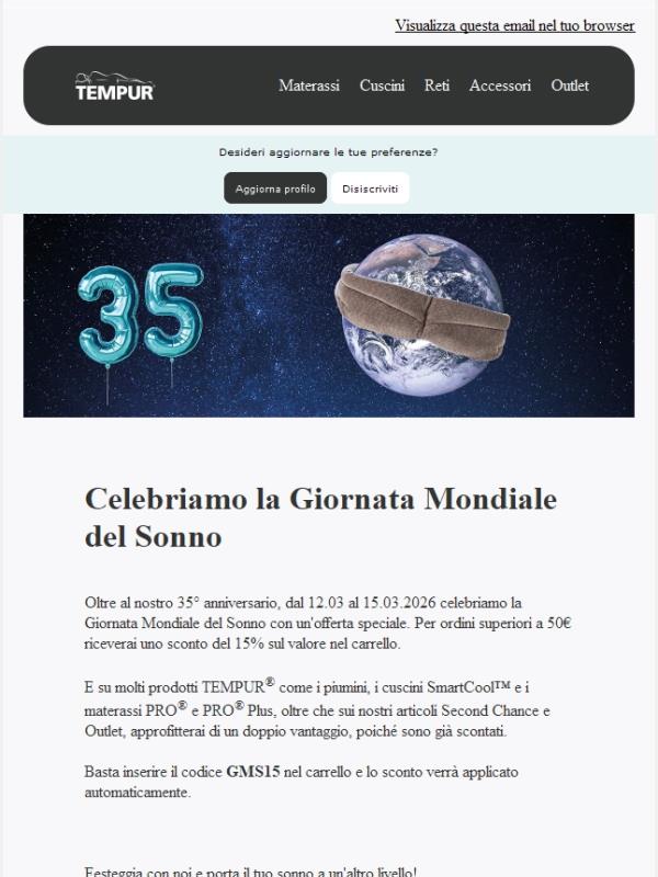 15 % di sconto su tutti i nostri articoli in occasione della Giornata Mondiale del Sonno!