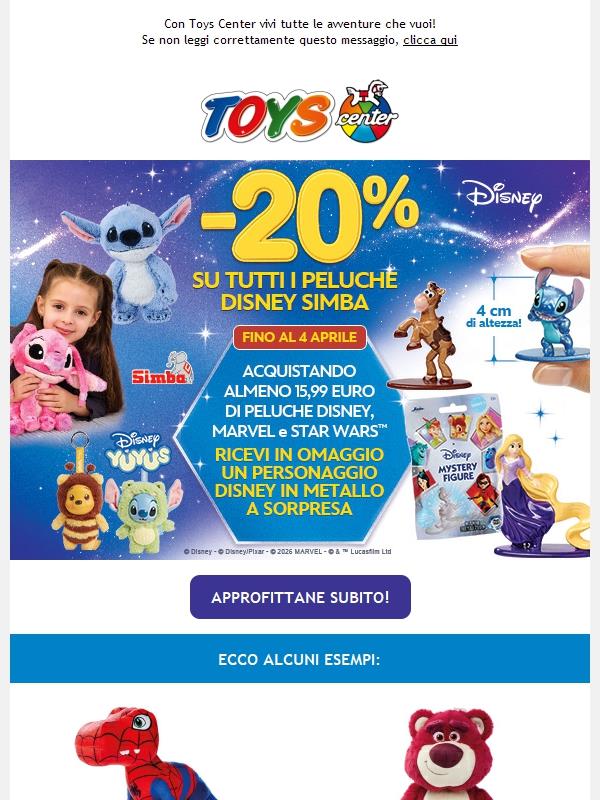 🎁 -20% sui peluche Disney! E acquistando almeno 15,99€ in regalo un personaggio Disney a sorpresa!