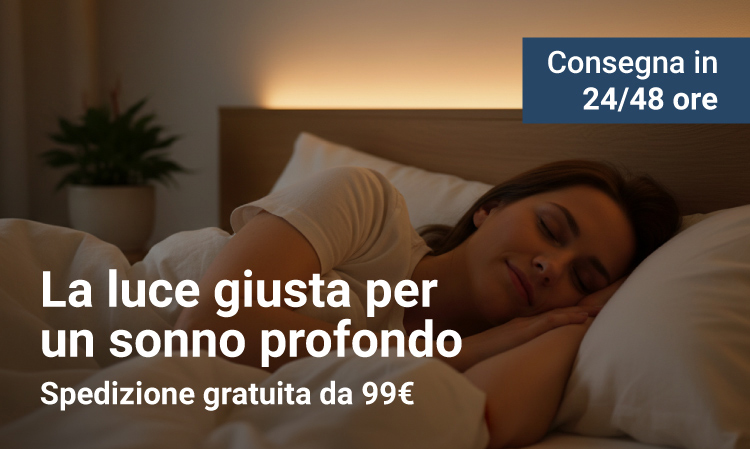 Woman sleeping peacefully in bed under warm bedside lamp light, illustrating adjustable sleep lighting for deeper rest and fast delivery