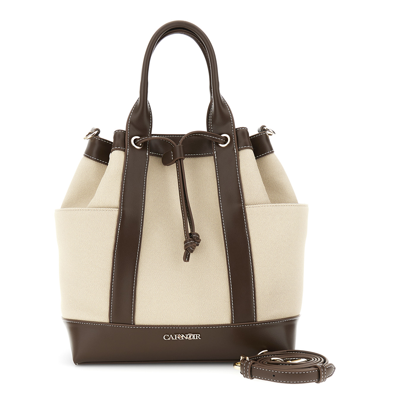 Image of secchiello con manici effetto canvas con rifiniture in effetto pelle a contrasto moro/beige