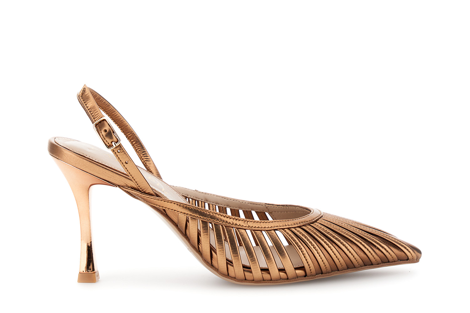 Image of décollété aperta dietro listini in sintetico effetto pelle laminata bronzo