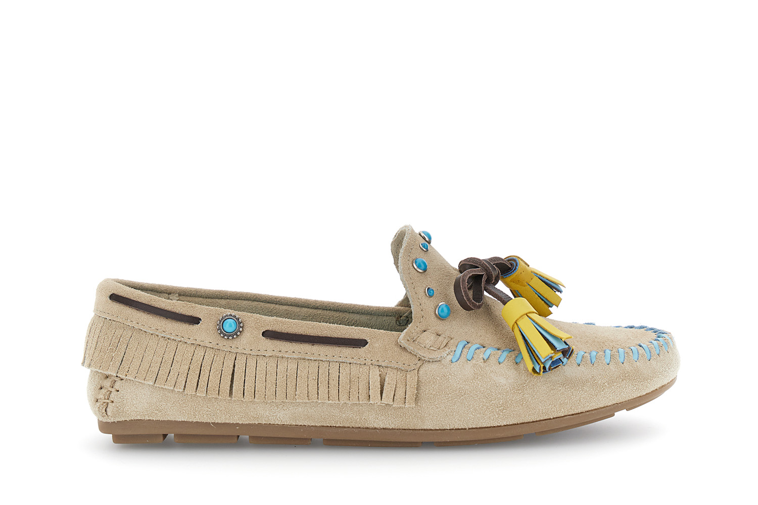 Image of mocassini in pelle scamosciata con nappine sabbia