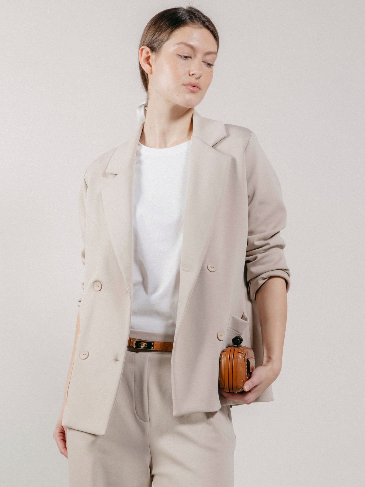 Giacca Blazer Doppiopetto in Interlock Beige