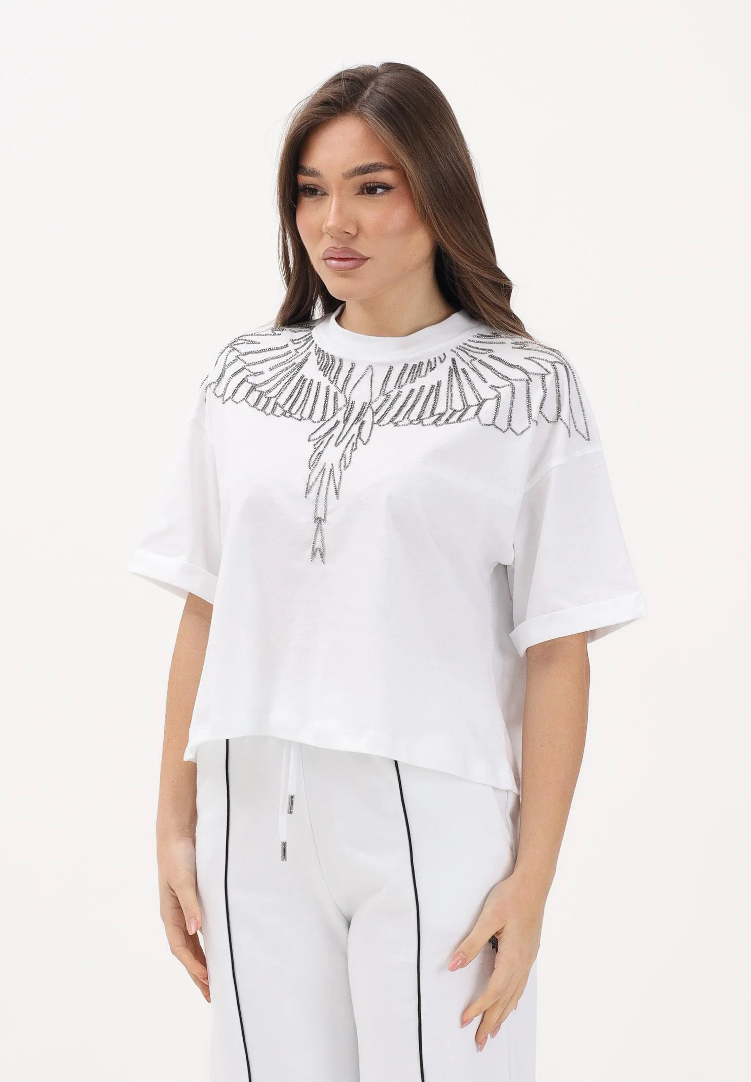Image of MARCELO BURLON COUNTY OF MILAN T-shirt a manica corta bianca da donna con ricamo ali in strass
