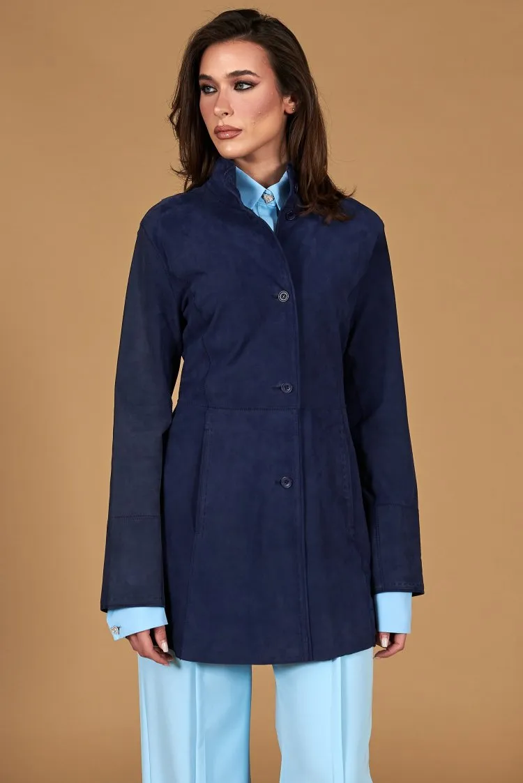 Image of Cappottino in pelle camoscio blu sfoderato