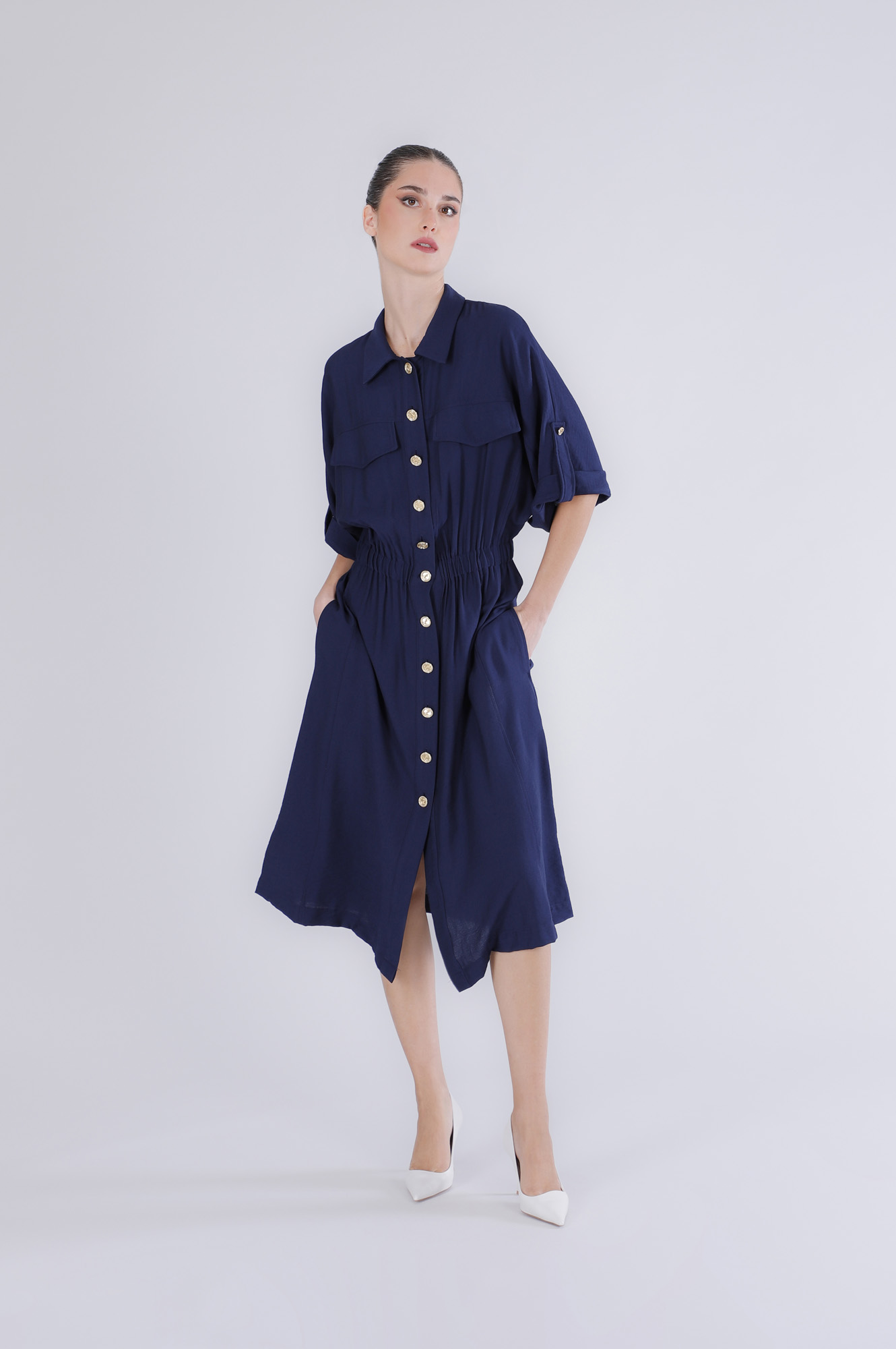 Image of abito con elastico in vita e abbottonatura davanti navy