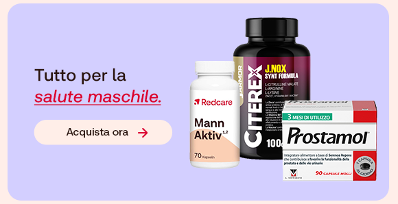Integratori per la salute maschile: Redcare Mann Aktiv, Citrex J.Nux e Prostamol. Testo: “Tutto per la salute maschile”, con “salute maschile” evidenziato in rosso corsivo. Pulsante: “Acquista ora”. Integratori per la salute maschile: Redcare Mann Aktiv, Citrex J.Nux e Prostamol. Testo: “Tutto per la salute maschile”, con “salute maschile” evidenziato in rosso corsivo. Pulsante: “Acquista ora”.