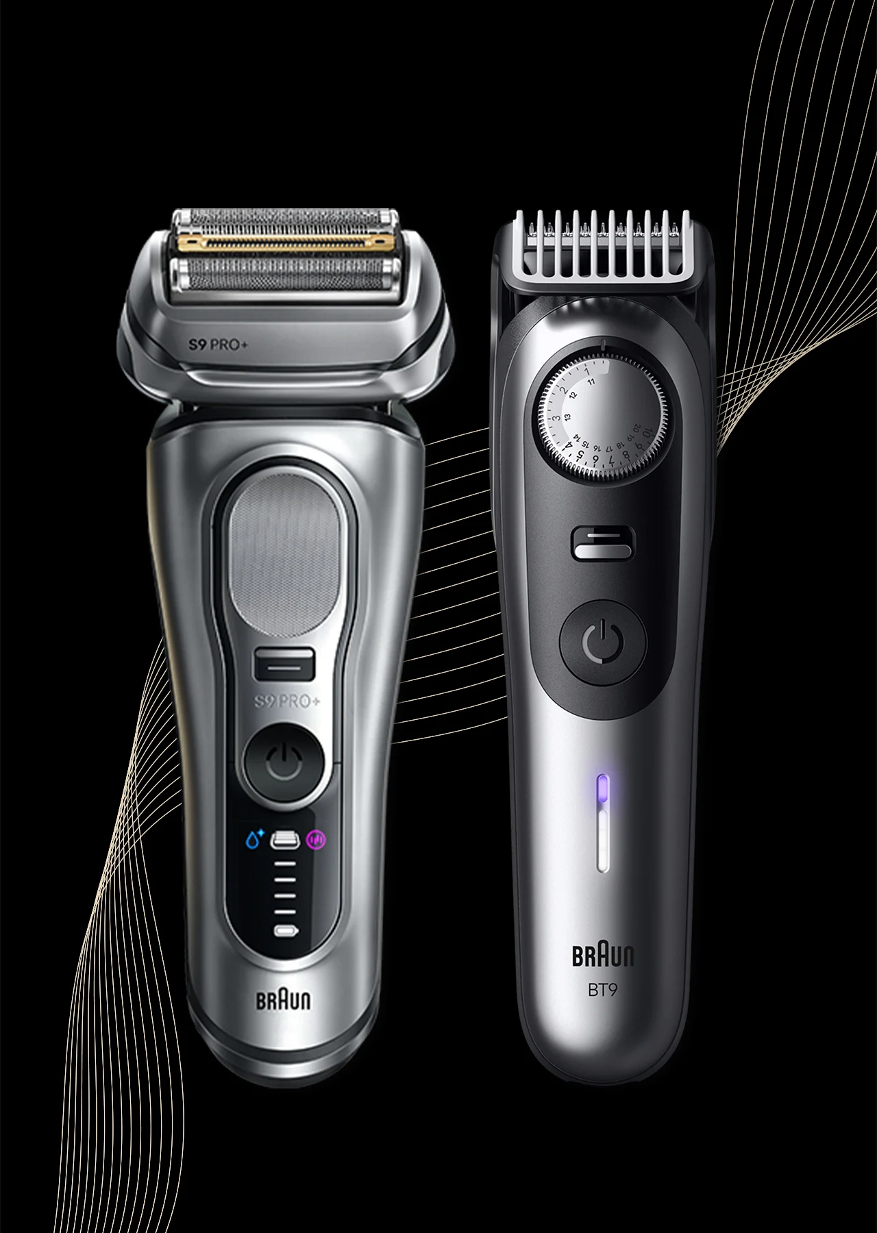 Immagine di 2 prodotti Braun, a sinistra un rasoio Braun Series 9 Pro+, a destra un regolabarba Braun BT9 
