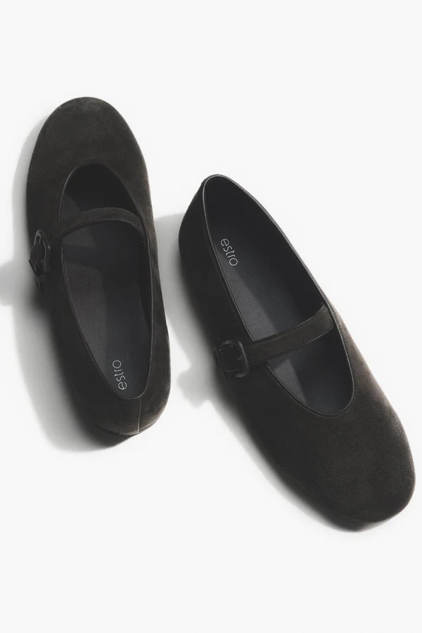 Women's Dark Brown Buckle Ballet Flats made of Soft Genuine Velour Estro ER00116953