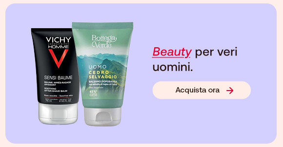 Due prodotti skincare uomo: Vichy Homme Sensi Baume e Bottega Verde Uomo Cedro Selvaggio su sfondo lilla. Testo: “Beauty per veri uomini”, con “Beauty” evidenziato in rosso corsivo. Pulsante: “Acquista ora”. Due prodotti skincare uomo: Vichy Homme Sensi Baume e Bottega Verde Uomo Cedro Selvaggio su sfondo lilla. Testo: “Beauty per veri uomini”, con “Beauty” evidenziato in rosso corsivo. Pulsante: “Acquista ora”.