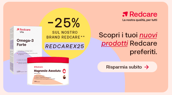 Integratori Redcare Omega-3 Forte, Folsäure Plus Men e Magnesio Assoluto su sfondo lilla e pesca. Testo: “Rimaniamo forti con Redcare”, con “Redcare” evidenziato in rosso corsivo. Pulsante: “Scopri i prodotti”. Integratori Redcare Omega-3 Forte, Folsäure Plus Men e Magnesio Assoluto su sfondo lilla e pesca. Testo: “Rimaniamo forti con Redcare”, con “Redcare” evidenziato in rosso corsivo. Pulsante: “Scopri i prodotti”.