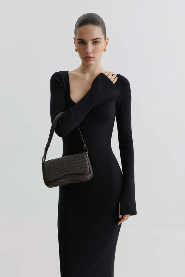 Women’s Small Dark Brown Woven Leather Shoulder Bag Estro ER00118706