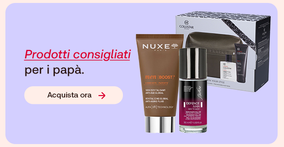 Set regalo uomo con prodotti Nuxe e Collistar. Testo: “Prodotti consigliati per i papà”, con “Prodotti consigliati” evidenziato in rosso corsivo. Pulsante: “Acquista ora”. Set regalo uomo con prodotti Nuxe e Collistar. Testo: “Prodotti consigliati per i papà”, con “Prodotti consigliati” evidenziato in rosso corsivo. Pulsante: “Acquista ora”.