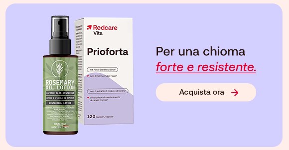 Olio al rosmarino e integratore Redcare Prioforta per capelli su sfondo lilla. Testo: “Per una chioma forte e resistente”, con “forte e resistente” evidenziato in rosso corsivo. Pulsante: “Acquista ora”. Olio al rosmarino e integratore Redcare Prioforta per capelli su sfondo lilla. Testo: “Per una chioma forte e resistente”, con “forte e resistente” evidenziato in rosso corsivo. Pulsante: “Acquista ora”.