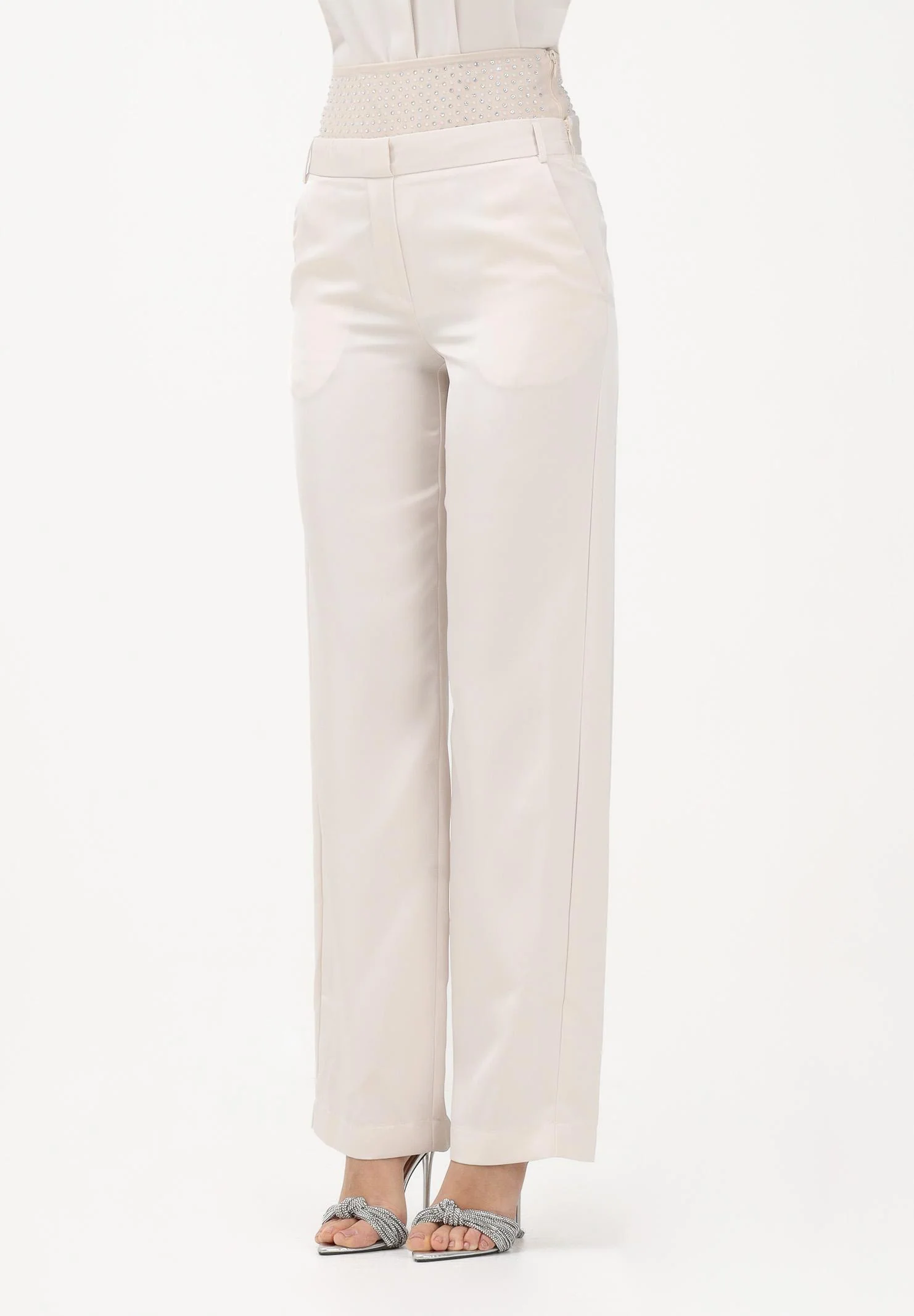 Image of SIMONA CORSELLINI Pantalone elegante avorio da donna con fascione in strass