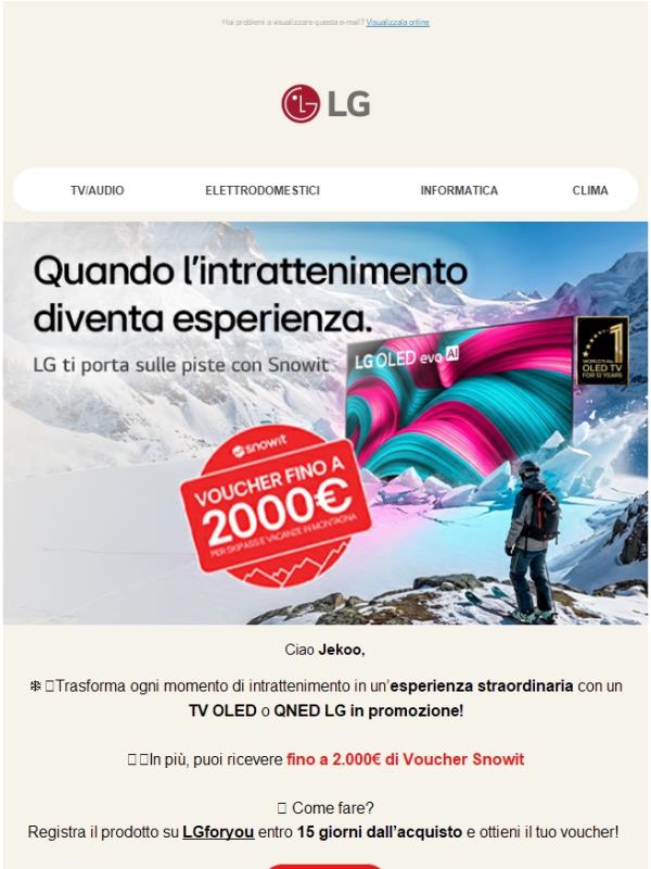 ⛷️ 2000€ di Voucher Snowit ti aspettano con LG!
