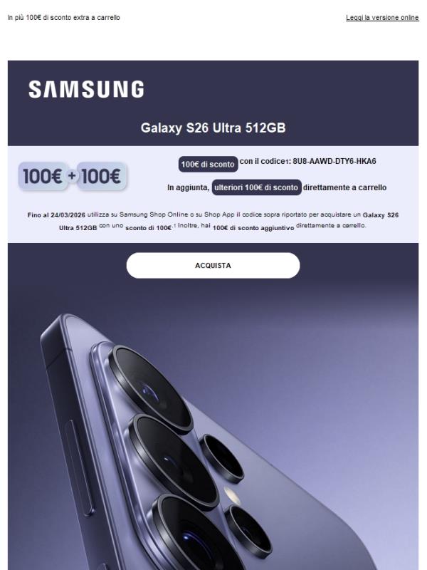 100€ di codice sconto su Galaxy S26 Ultra