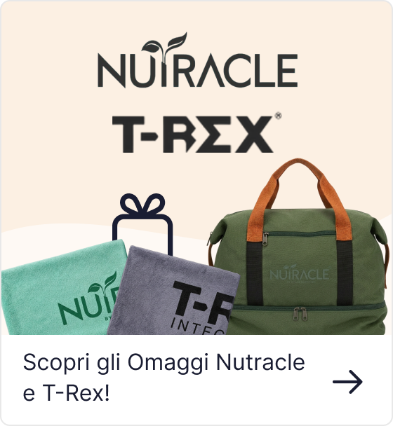 Nutracle and T-Rex logos above promotional gifts: green duffel bag, branded towels and gift icon